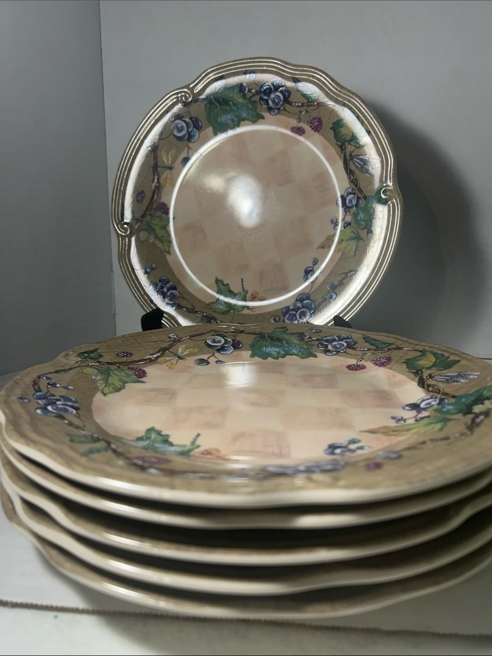 Tracy Porter Beige Cream Blue Green Fruit Motif Dinner Plates Made in Poland